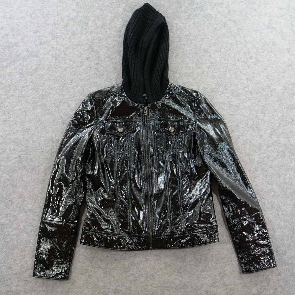 Slate & Willow Jacket Womens Small Black Patent Leather Knit Hooded Moto Grunge